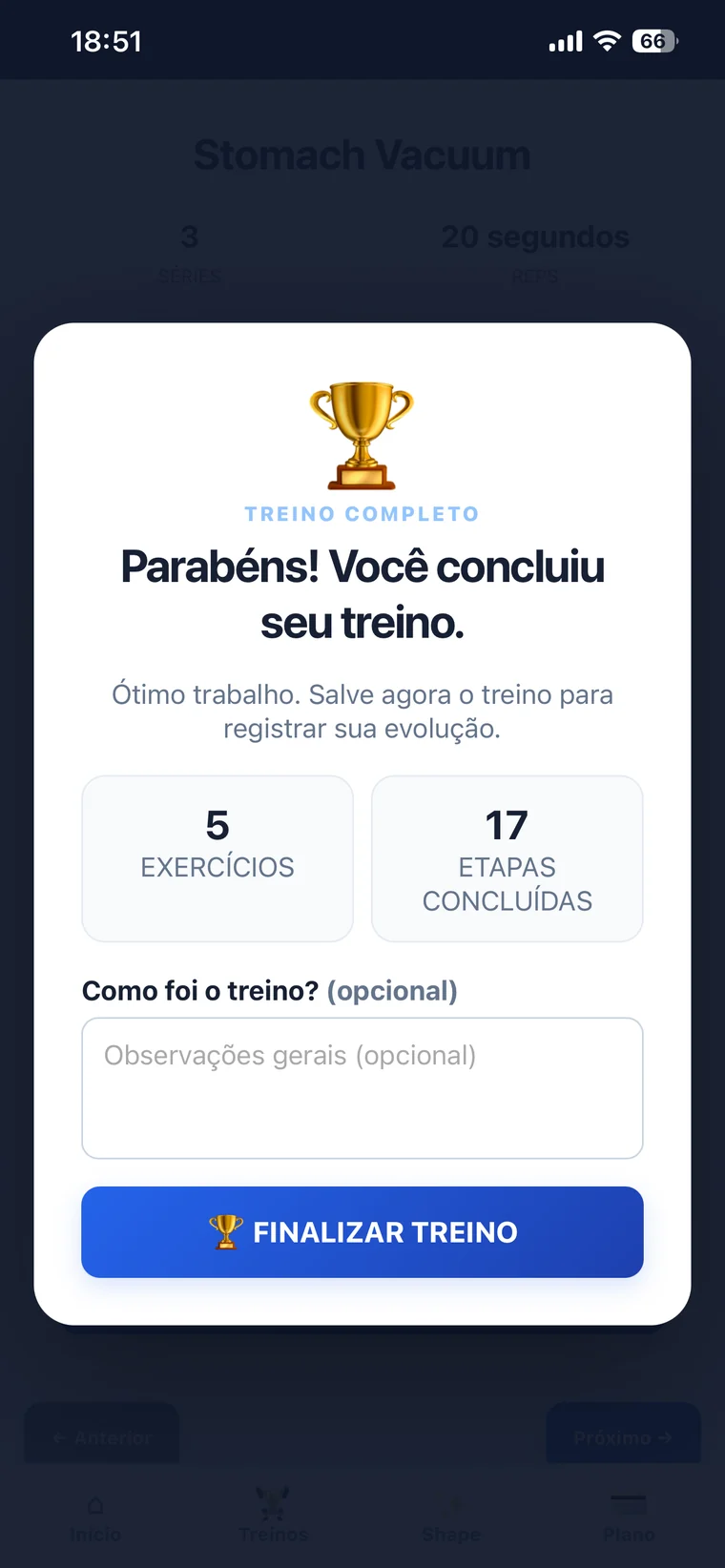 Tela real de treino concluído do JrFitPro